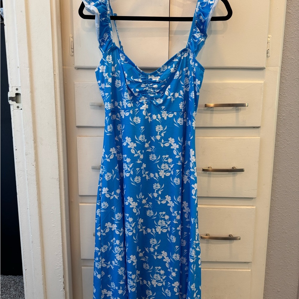 Blue and White Ruched Ruffled Midi Sundress (NWOT)